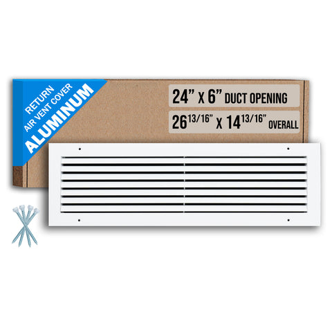 24"x6" White Aluminum Rust-Free Return Air Grille, High-Airflow HVAC Cold Air Intake for Wall & Ceiling