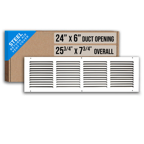 24"x6" White Steel Return Air Grille, High-Airflow HVAC Cold Air Intake for Wall & Ceiling
