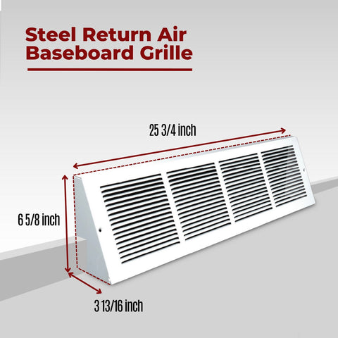 24"x6" White Steel Triangular Baseboard Grille, Efficient Airflow, 3-13/16" Depth