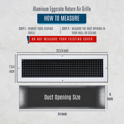 24"x6" White Aluminum Eggcrate Return Air Grille, Low-Noise High-Airflow Rust-Proof Vent Cover