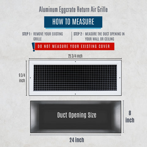 24"x8" White Aluminum Eggcrate Return Air Grille, Low-Noise High-Airflow Rust-Proof Vent Cover