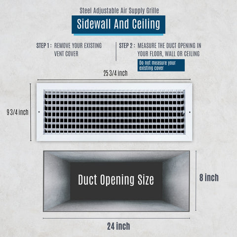 24"x8" White Steel Adjustable Supply Register, Air Vent Cover with Damper for Sidewall Or Ceiling