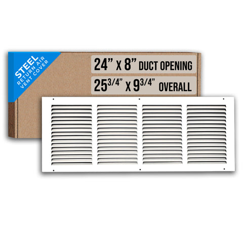24"x8" White Steel Return Air Grille, High-Airflow HVAC Cold Air Intake for Wall & Ceiling
