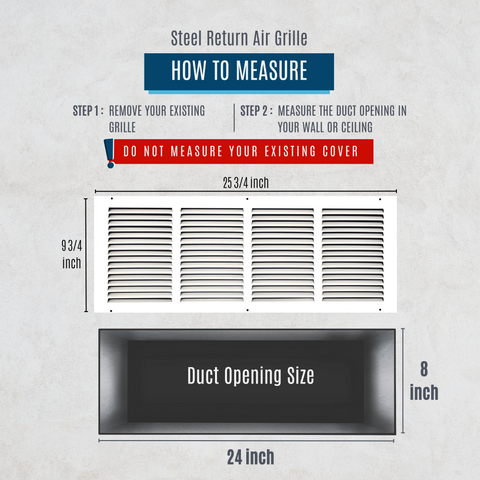24"x8" White Steel Return Air Grille, High-Airflow HVAC Cold Air Intake for Wall & Ceiling