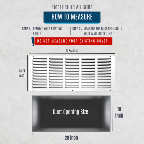 26"x10" White Steel Return Air Grille, High-Airflow HVAC Cold Air Intake for Wall & Ceiling