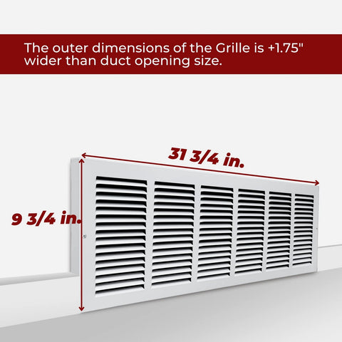 30"x8" White Steel Baseboard Return Air Grille, 7/8" Turnback Depth