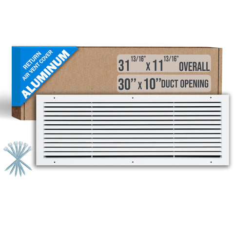 30"x10" White Aluminum Rust-Free Return Air Grille, High-Airflow HVAC Cold Air Intake for Wall & Ceiling