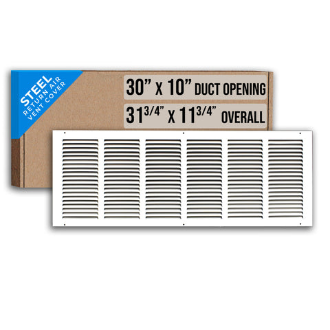 30"x10" White Steel Return Air Grille, High-Airflow HVAC Cold Air Intake for Wall & Ceiling