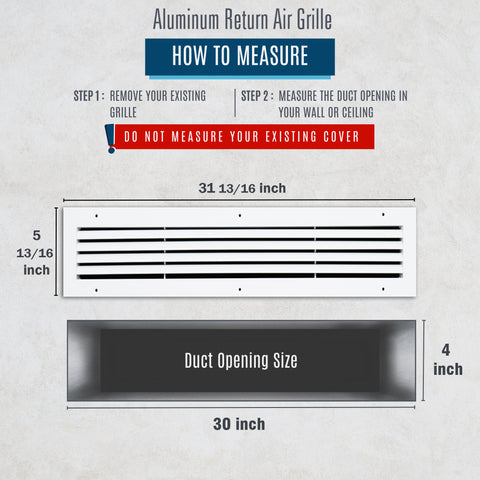 30"x4" White Aluminum Rust-Free Return Air Grille, High-Airflow HVAC Cold Air Intake for Wall & Ceiling