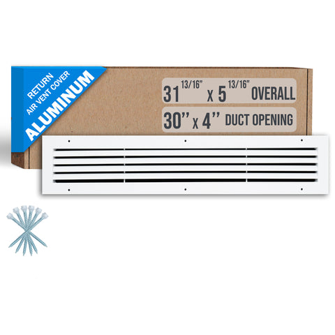 30"x4" White Aluminum Rust-Free Return Air Grille, High-Airflow HVAC Cold Air Intake for Wall & Ceiling