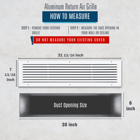 30"x6" White Aluminum Rust-Free Return Air Grille, High-Airflow HVAC Cold Air Intake for Wall & Ceiling