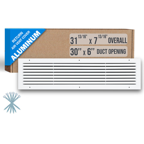 30"x6" White Aluminum Rust-Free Return Air Grille, High-Airflow HVAC Cold Air Intake for Wall & Ceiling