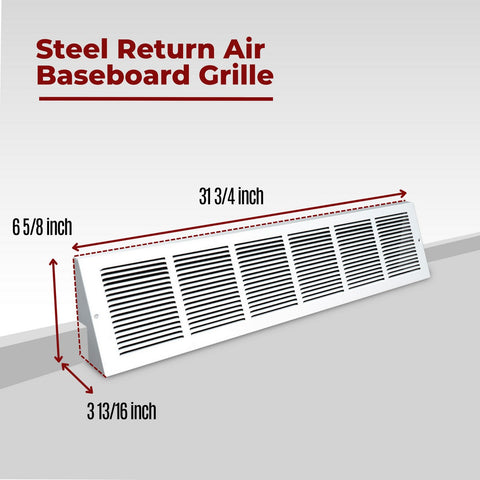 30"x6" White Steel Triangular Baseboard Grille, Efficient Airflow, 3-13/16" Depth