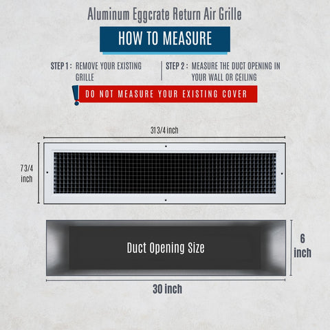 30"x6" White Aluminum Eggcrate Return Air Grille, Low-Noise High-Airflow Rust-Proof Vent Cover