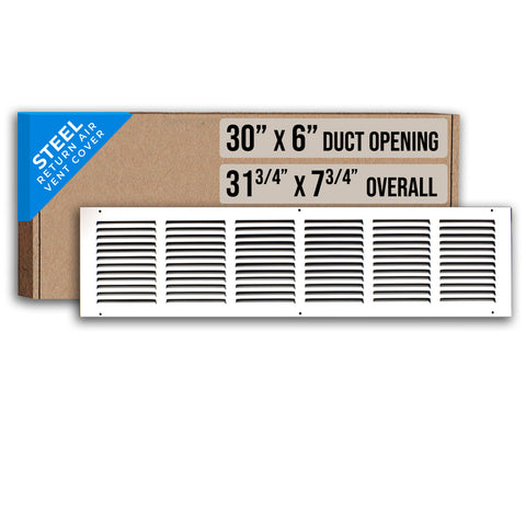 30"x6" White Steel Return Air Grille, High-Airflow HVAC Cold Air Intake for Wall & Ceiling