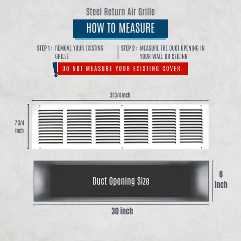 30"x6" White Steel Return Air Grille, High-Airflow HVAC Cold Air Intake for Wall & Ceiling