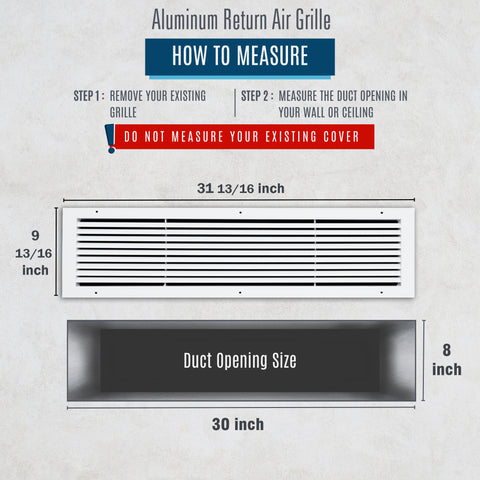 30"x8" White Aluminum Rust-Free Return Air Grille, High-Airflow HVAC Cold Air Intake for Wall & Ceiling