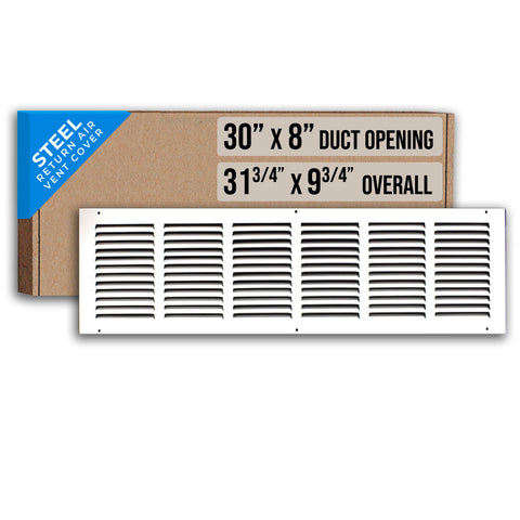 30"x8" White Steel Return Air Grille, High-Airflow HVAC Cold Air Intake for Wall & Ceiling
