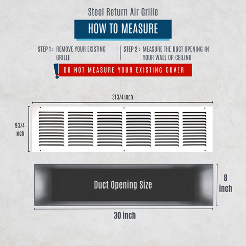 30"x8" White Steel Return Air Grille, High-Airflow HVAC Cold Air Intake for Wall & Ceiling