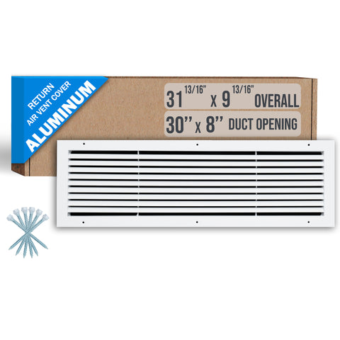 30"x8" White Aluminum Rust-Free Return Air Grille, High-Airflow HVAC Cold Air Intake for Wall & Ceiling