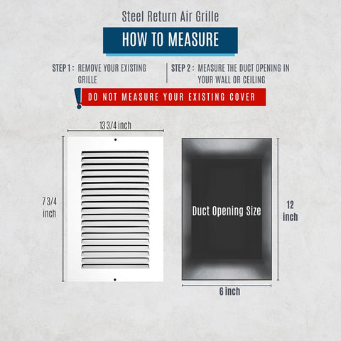 6"x12" White Steel Return Air Grille, High-Airflow HVAC Cold Air Intake for Wall & Ceiling