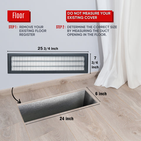 6"x24" Black Steel Return Air Floor Grille, Walkable Heavy-Duty Fixed-Blade Vent Cover