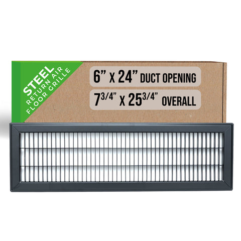 6"x24" Black Steel Return Air Floor Grille, Walkable Heavy-Duty Fixed-Blade Vent Cover