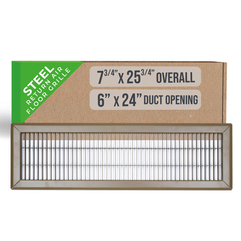 6"x24" Brown Steel Return Air Floor Grille, Walkable Heavy-Duty Fixed-Blade Vent Cover