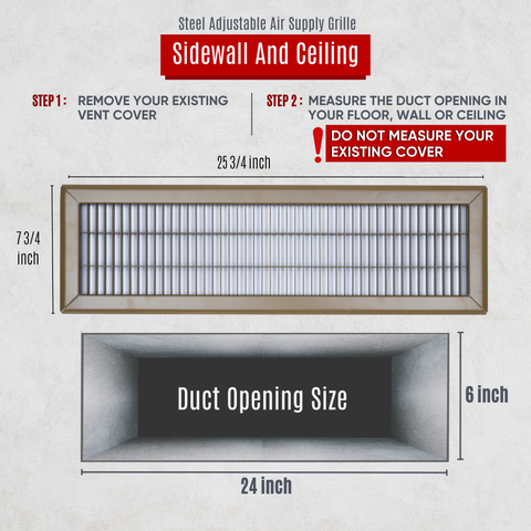 6"x24" Brown Steel Return Air Floor Grille, Walkable Heavy-Duty Fixed-Blade Vent Cover