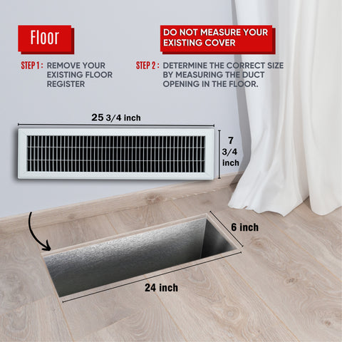 6"x24" White Steel Return Air Floor Grille, Walkable Heavy-Duty Fixed-Blade Vent Cover