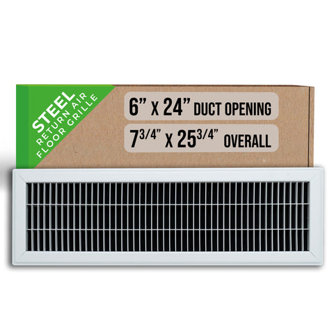 6"x24" White Steel Return Air Floor Grille, Walkable Heavy-Duty Fixed-Blade Vent Cover