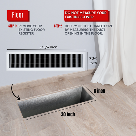 6"x30" White Steel Return Air Floor Grille, Walkable Heavy-Duty Fixed-Blade Vent Cover