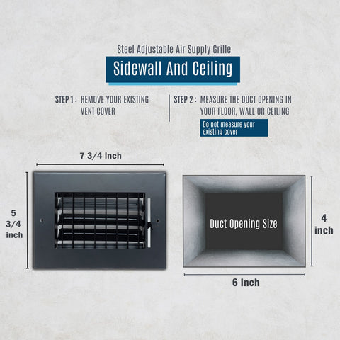 6"x4" Black Steel Adjustable Supply Register, Air Vent Cover with Damper for Sidewall Or Ceiling