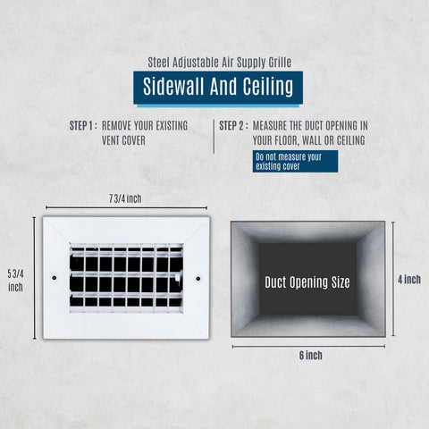 6"x4" White Steel Adjustable Supply Register, Air Vent Cover with Damper for Sidewall Or Ceiling