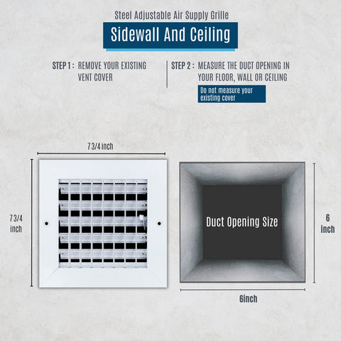 6"x6" Black Steel Adjustable Supply Register, Air Vent Cover with Damper for Sidewall Or Ceiling
