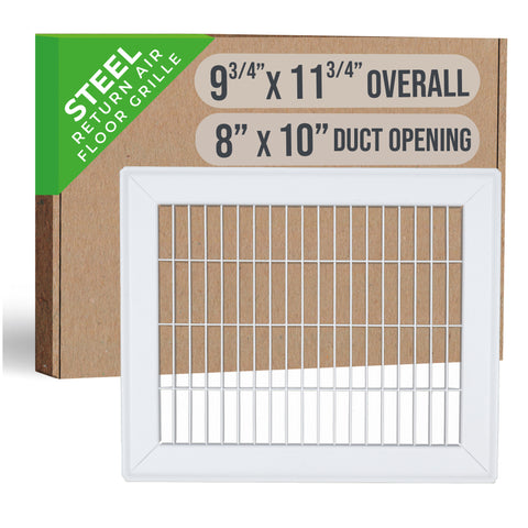 8"x10" White Steel Return Air Floor Grille, Walkable Heavy-Duty Fixed-Blade Vent Cover