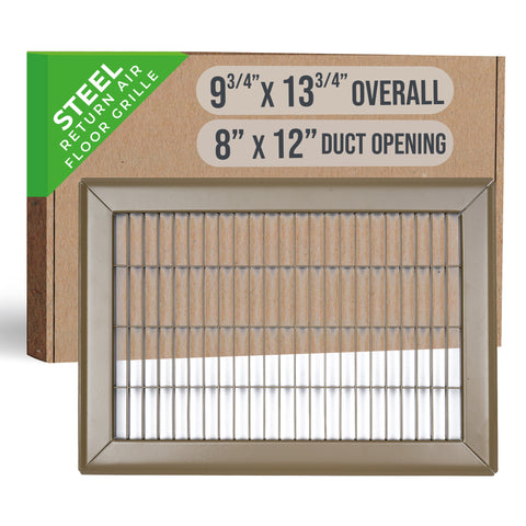 8"x12" Brown Steel Return Air Floor Grille, Walkable Heavy-Duty Fixed-Blade Vent Cover