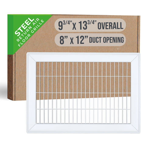 8"x12" White Steel Return Air Floor Grille, Walkable Heavy-Duty Fixed-Blade Vent Cover