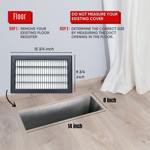 8"x14" Black Steel Return Air Floor Grille, Walkable Heavy-Duty Fixed-Blade Vent Cover