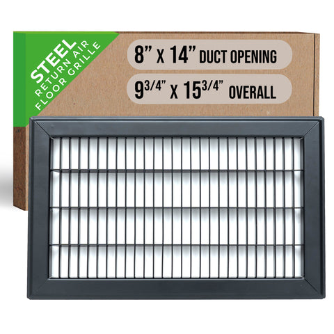 8"x14" Black Steel Return Air Floor Grille, Walkable Heavy-Duty Fixed-Blade Vent Cover