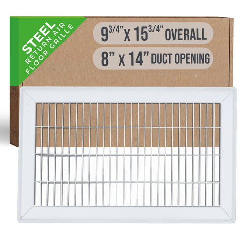 8"x14" White Steel Return Air Floor Grille, Walkable Heavy-Duty Fixed-Blade Vent Cover