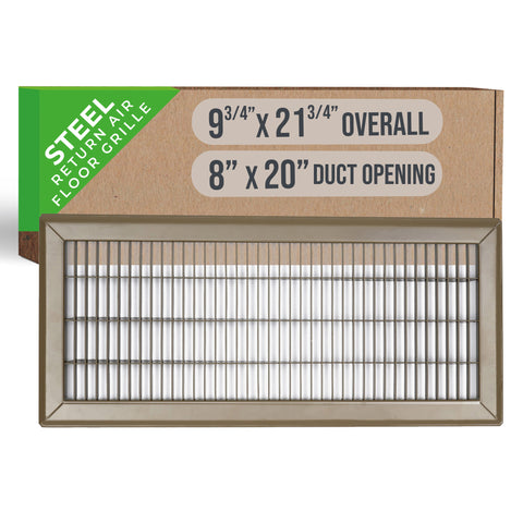 8"x20" Brown Steel Return Air Floor Grille, Walkable Heavy-Duty Fixed-Blade Vent Cover