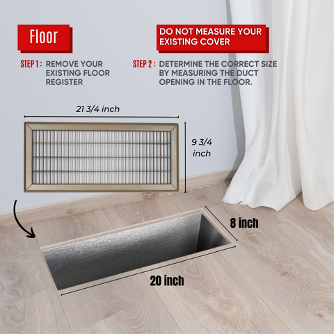 8"x20" Brown Steel Return Air Floor Grille, Walkable Heavy-Duty Fixed-Blade Vent Cover