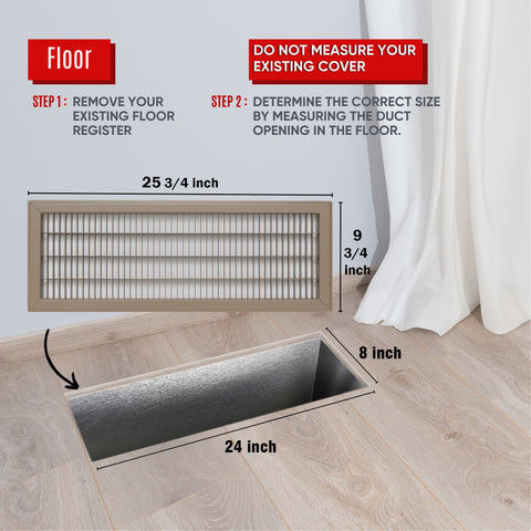 8"x24" Brown Steel Return Air Floor Grille, Walkable Heavy-Duty Fixed-Blade Vent Cover