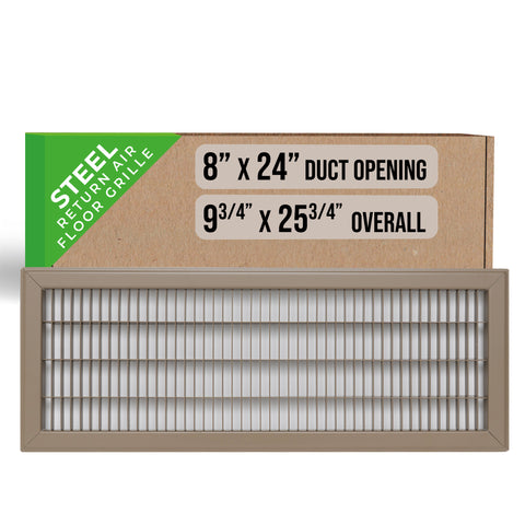 8"x24" Brown Steel Return Air Floor Grille, Walkable Heavy-Duty Fixed-Blade Vent Cover