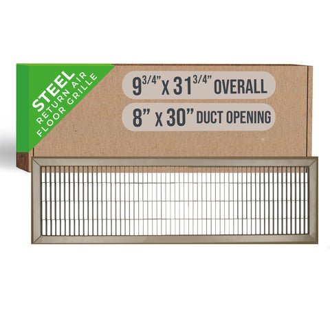 8"x30" Brown Steel Return Air Floor Grille, Walkable Heavy-Duty Fixed-Blade Vent Cover