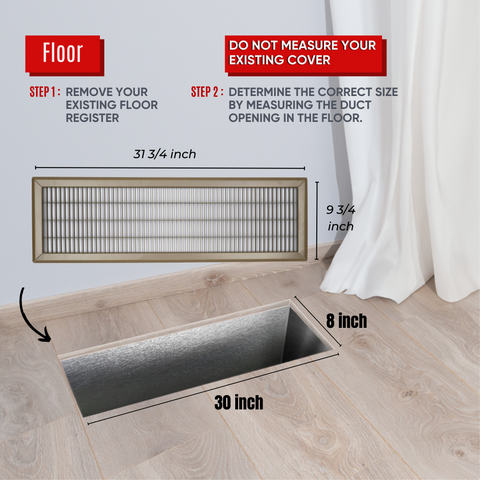 8"x30" Brown Steel Return Air Floor Grille, Walkable Heavy-Duty Fixed-Blade Vent Cover