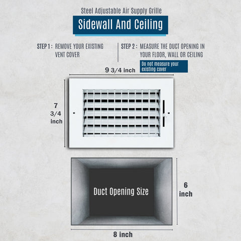 8"x6" White Steel Adjustable Supply Register, Air Vent Cover with Damper for Sidewall Or Ceiling