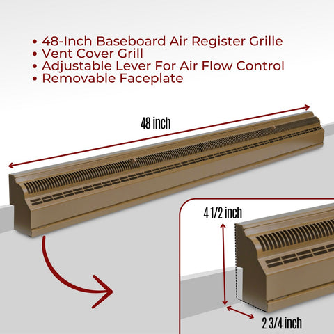 48" Brown Steel Baseboard Return Air Grille, Removable Faceplate