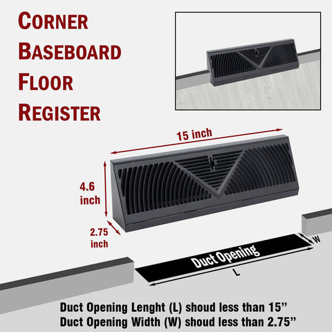15" Black Steel Corner Baseboard Register, Round Airflow Adjustable Vent Cover